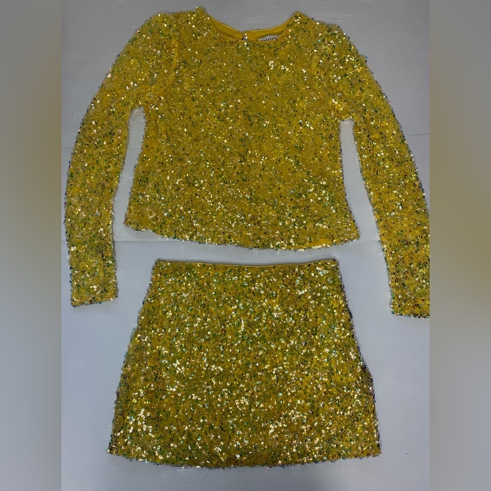 Endless Rose Yellow Sequin Long Sleeve Top And Mini Skirt Set Size Medium READ